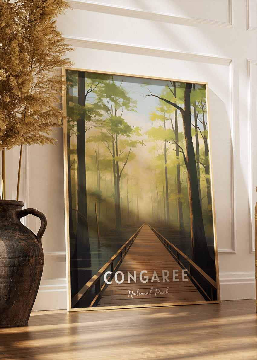 Congaree National Park Poster & Canvas Print – Illustrated Forest Boardwalk Landscape Wall Art