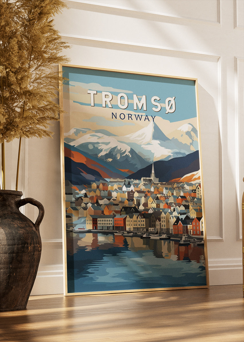 Tromsø Norway Poster & Canvas Print – Modern Illustrated Arctic Mountain Harbour Art