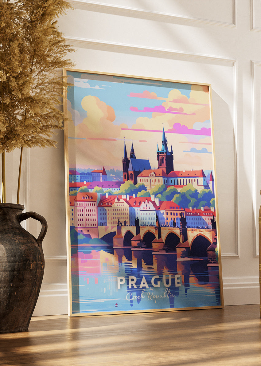 Prague Czech Republic Travel Poster & Canvas Print – Charles Bridge Skyline Wall Art