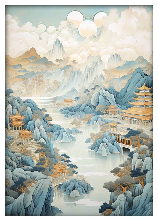 Elegant Oriental Mountain Temple Landscape Canvas Art & Poster – T651 – AiPrintLab