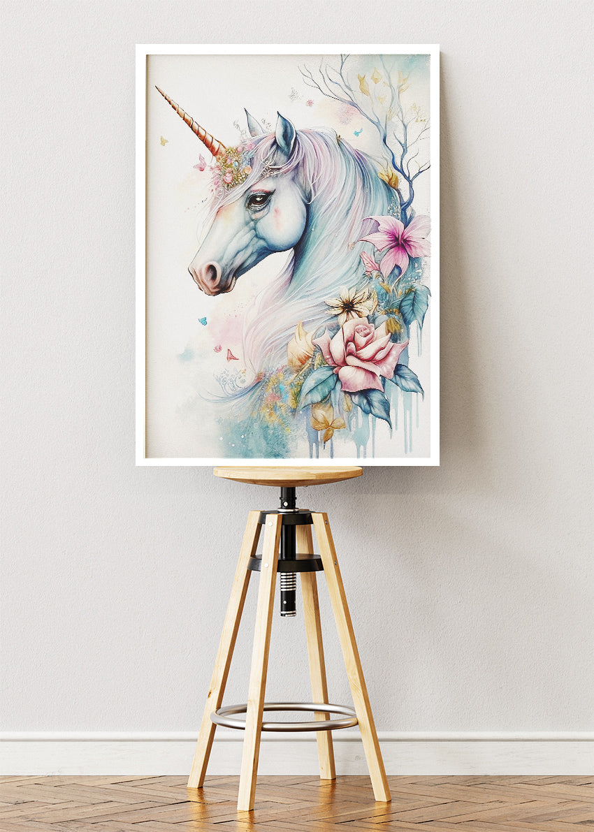 Elegant Unicorn Poster & Canvas Print – Pastel Fantasy Floral Art