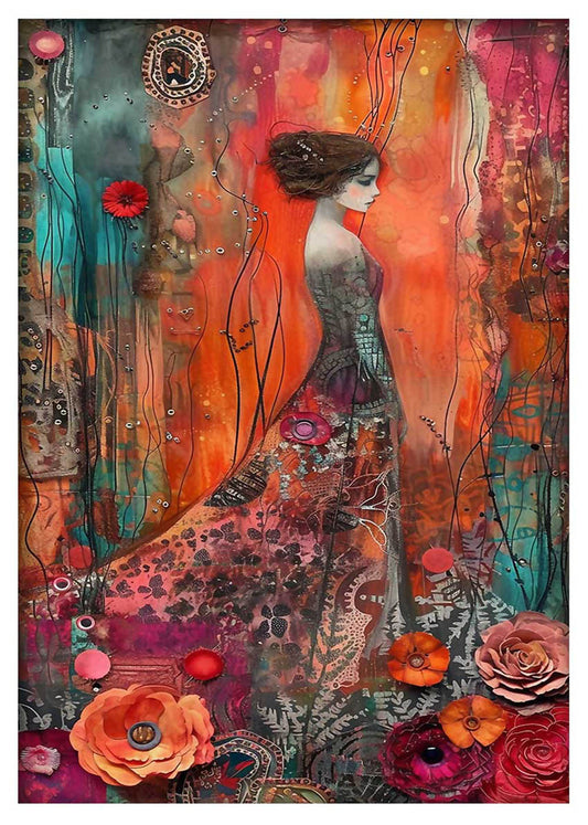Elegant Woman in Floral Dreamscape – Mixed Media Canvas Art Print – T893 – AiPrintLab