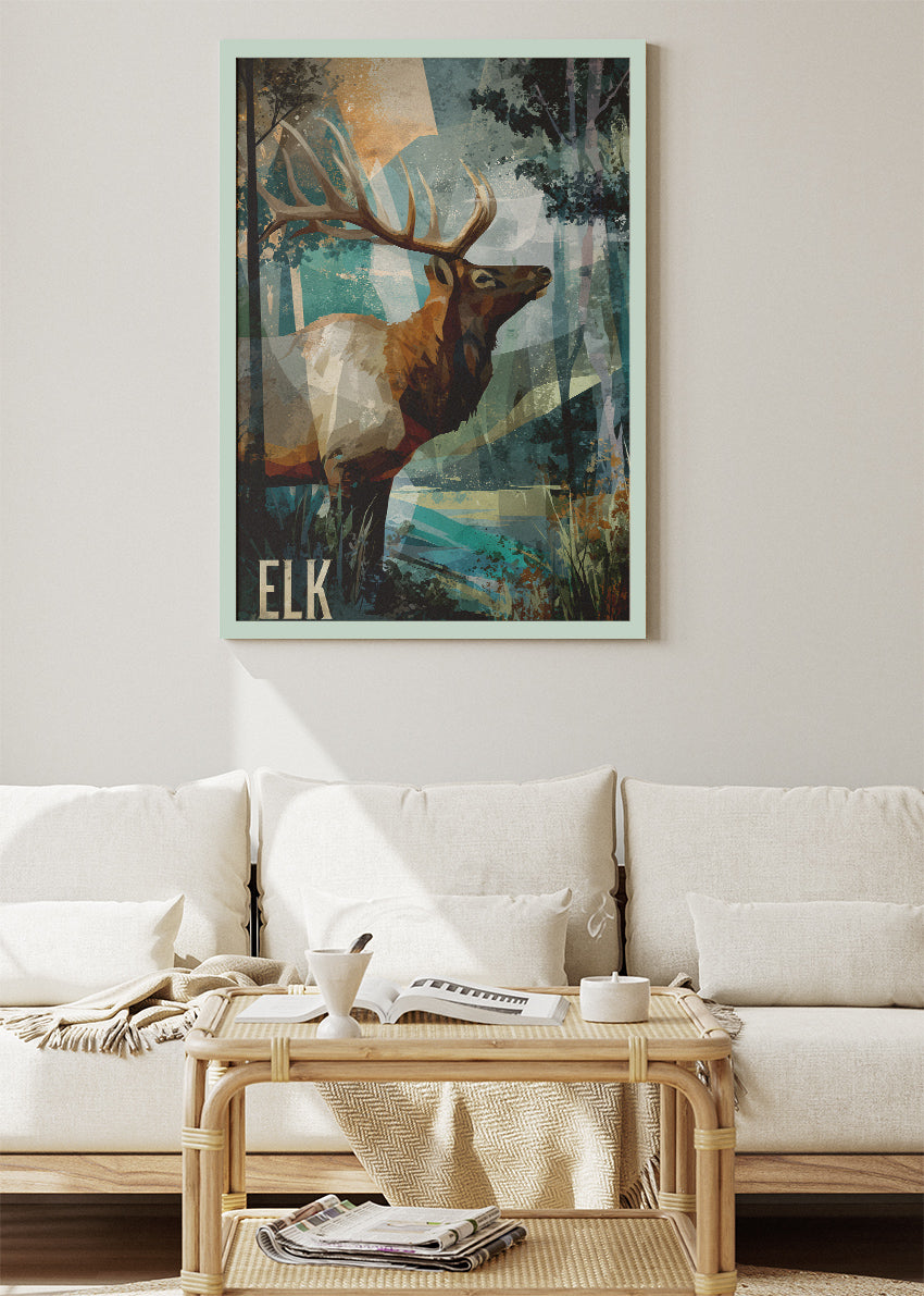 Elk Wall Art Print & Canvas – Modern Woodland Wildlife Artwork