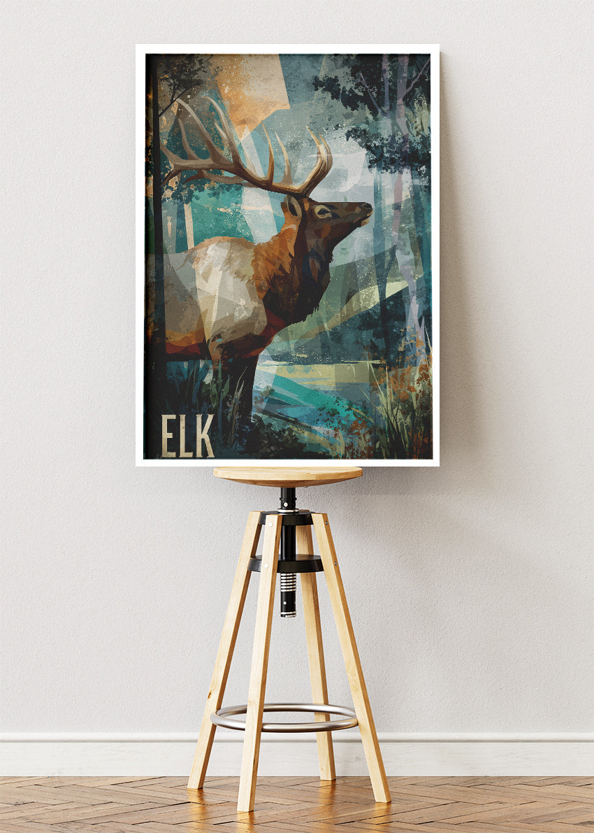 Elk Wall Art Print & Canvas – Modern Woodland Wildlife Artwork
