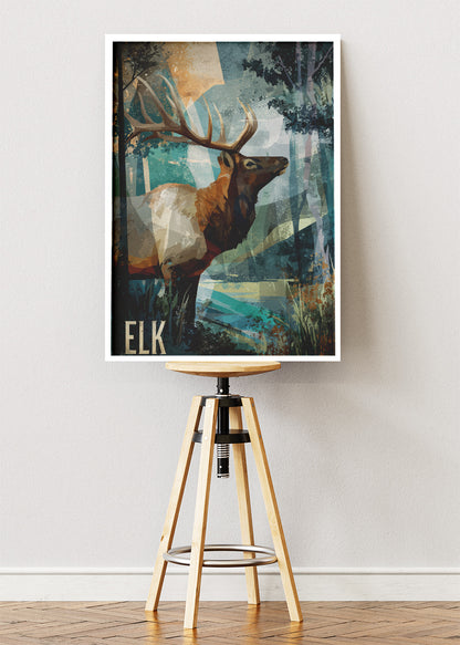 Elk Wall Art Print & Canvas – Modern Woodland Wildlife Artwork