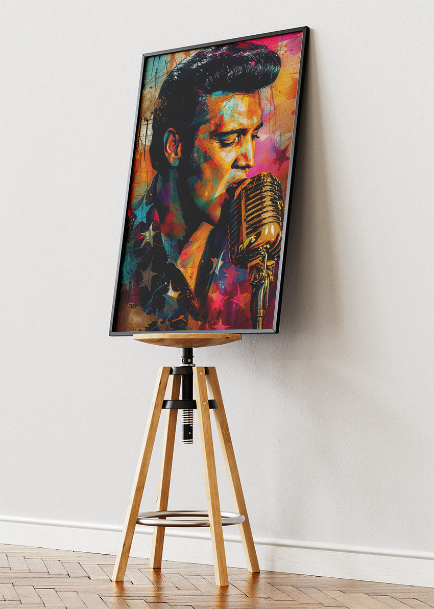 Elvis Presley Vintage Microphone Portrait Wall Art Poster & Canvas Print – Rock and Roll Icon Artwork