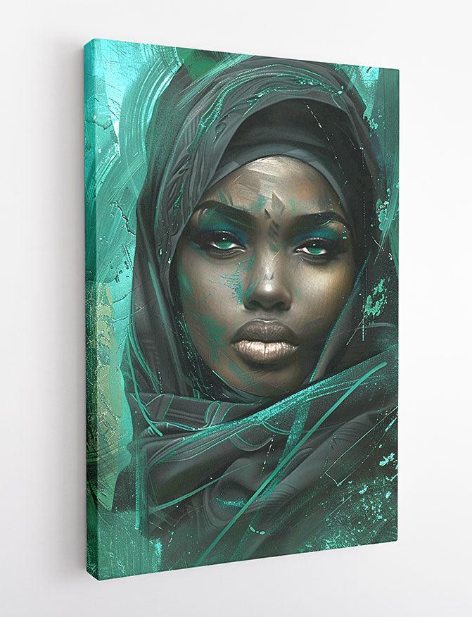 Emerald Strength – Bold Black Woman Portrait Canvas & Poster Art – T1000 – AiPrintLab