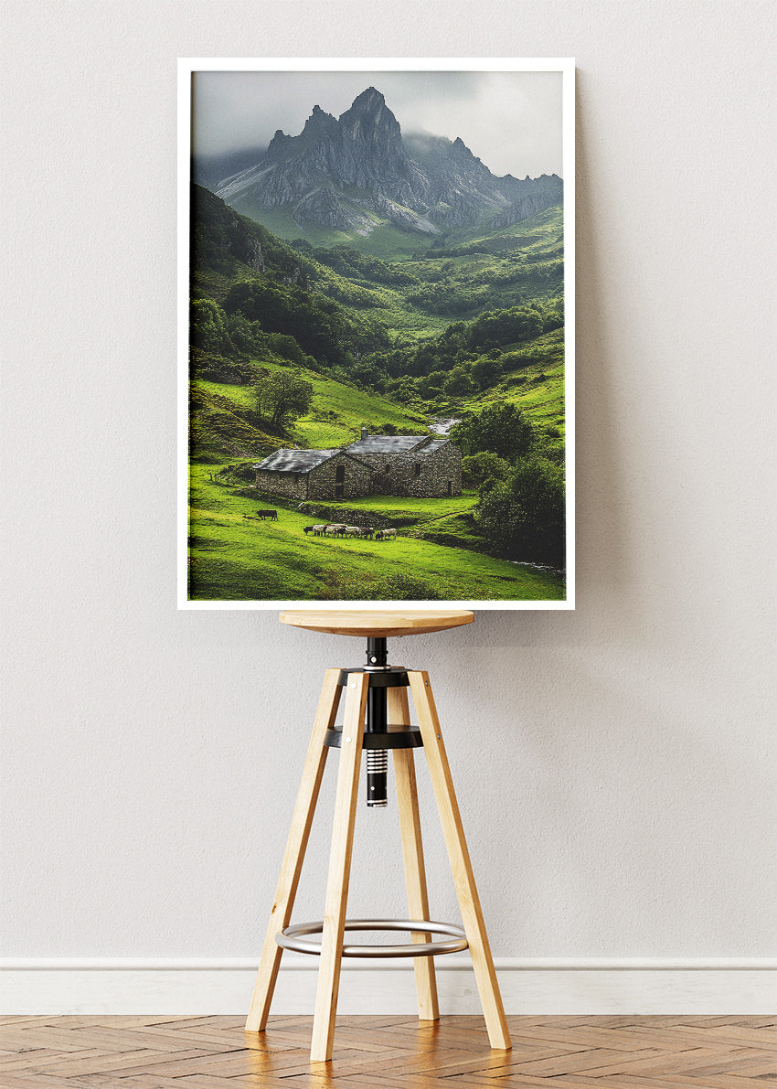 Emerald Valley Cottage – Dramatic Mountain Landscape Wall Art Poster & Canvas – AI PRINT LAB