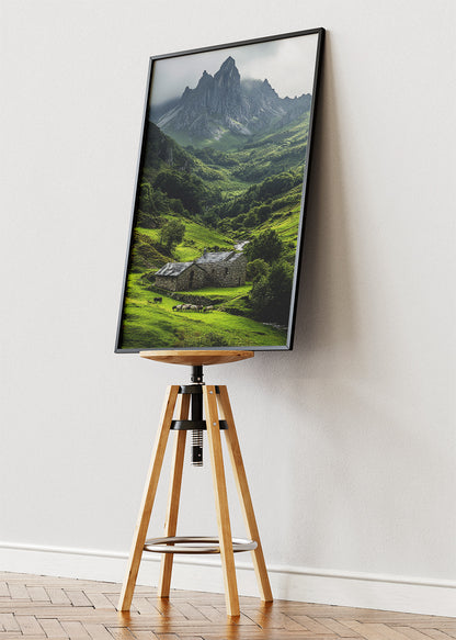 Emerald Valley Cottage – Dramatic Mountain Landscape Wall Art Poster & Canvas – AI PRINT LAB