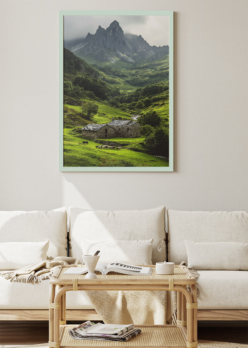 Emerald Valley Cottage – Dramatic Mountain Landscape Wall Art Poster & Canvas – AI PRINT LAB