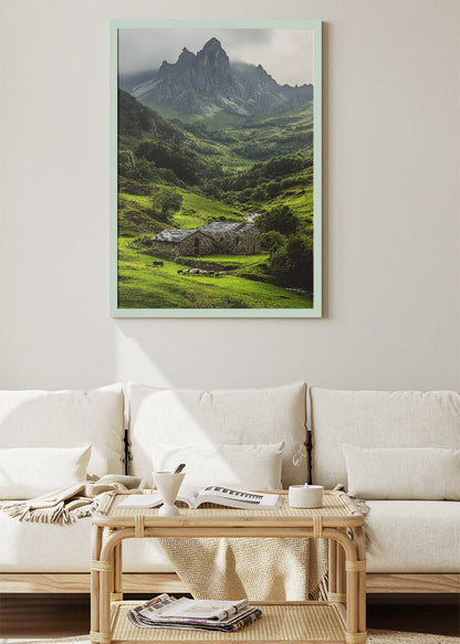 Emerald Valley Cottage – Dramatic Mountain Landscape Wall Art Poster & Canvas – AI PRINT LAB