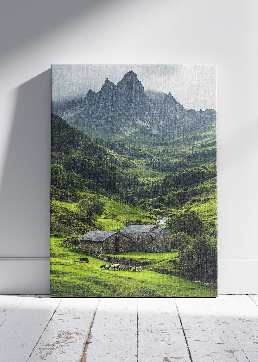 Emerald Valley Cottage – Dramatic Mountain Landscape Wall Art Poster & Canvas – AI PRINT LAB