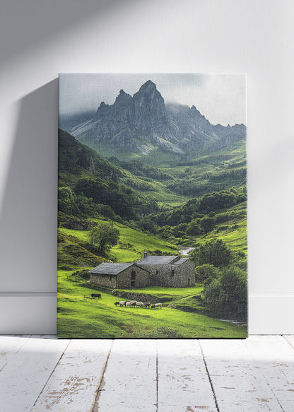 Emerald Valley Cottage – Dramatic Mountain Landscape Wall Art Poster & Canvas – AI PRINT LAB