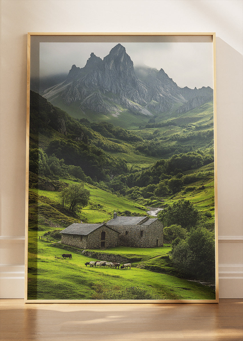 Emerald Valley Cottage – Dramatic Mountain Landscape Wall Art Poster & Canvas – AI PRINT LAB