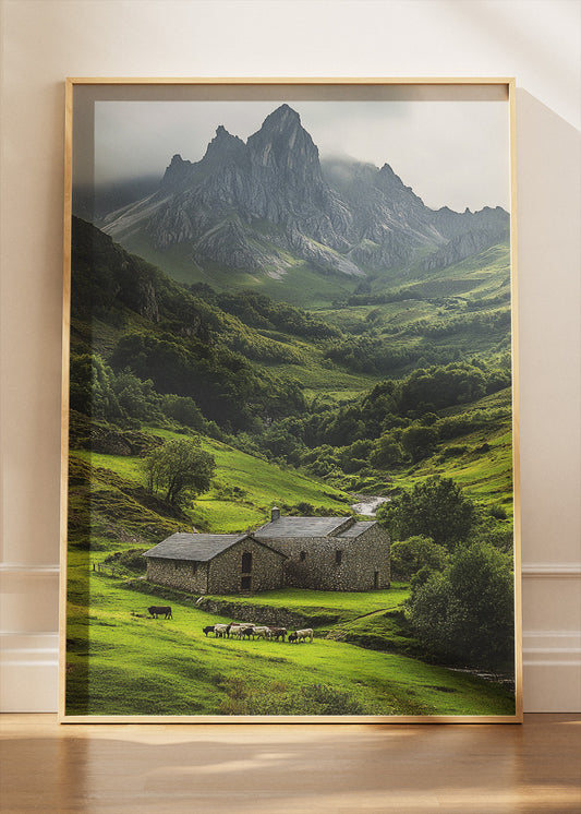 Emerald Valley Cottage – Dramatic Mountain Landscape Wall Art Poster & Canvas – AI PRINT LAB