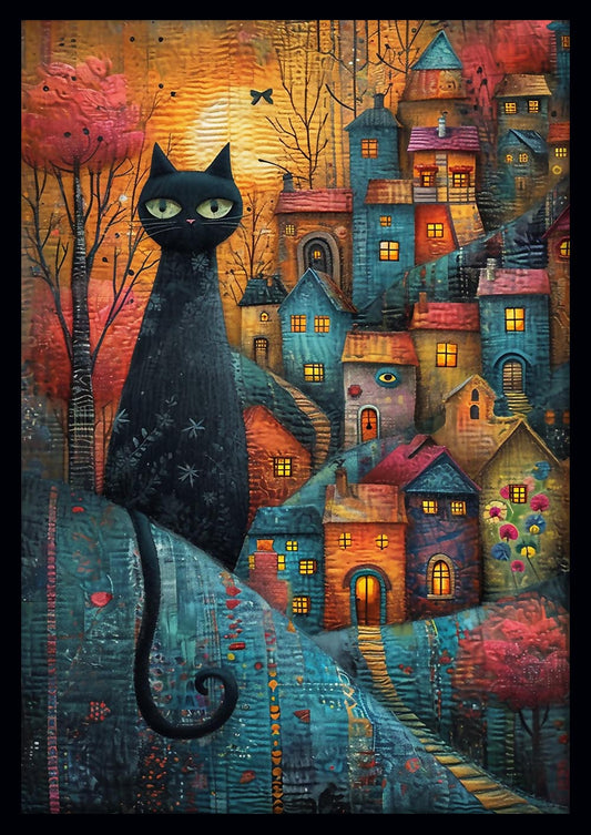 Enchanted Black Cat in Storybook Village – Whimsical Fantasy Canvas Art – T843 – AiPrintLab
