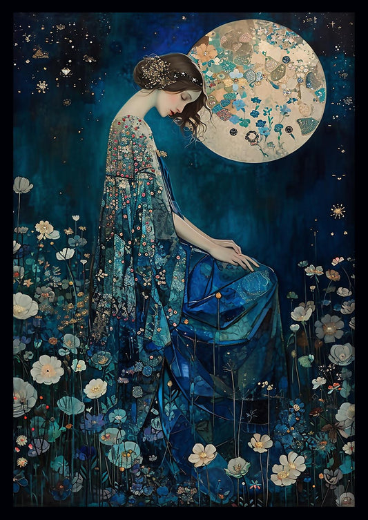 Ethereal Moonlit Woman in Floral Garden Art Print & Canvas – T740 – AiPrintLab