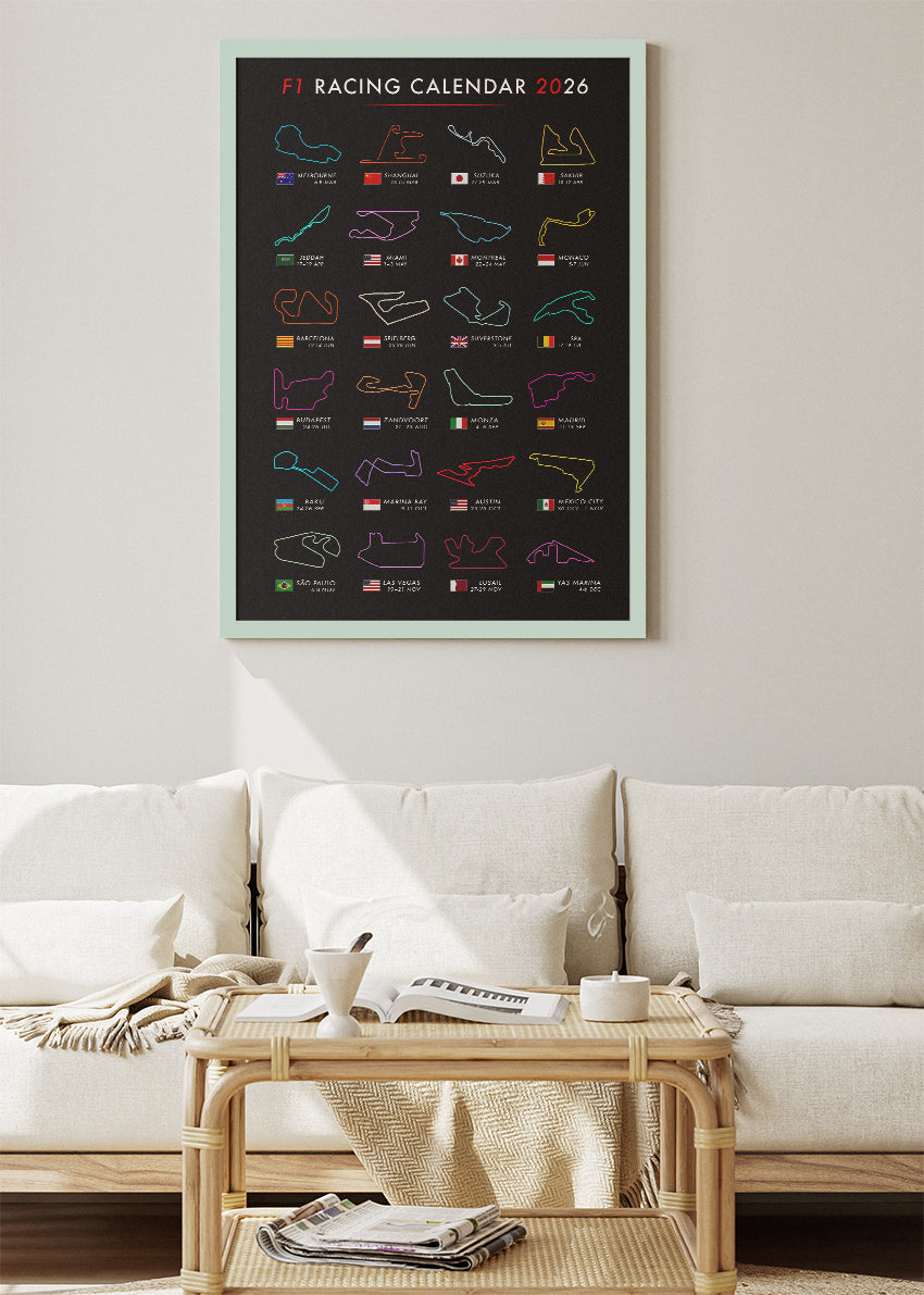 F1 Racing Calendar 2026 Circuit Track Poster Canvas & Print – AI PRINT LAB