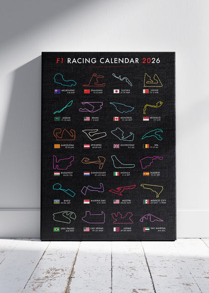 F1 Racing Calendar 2026 Circuit Track Poster Canvas & Print – AI PRINT LAB