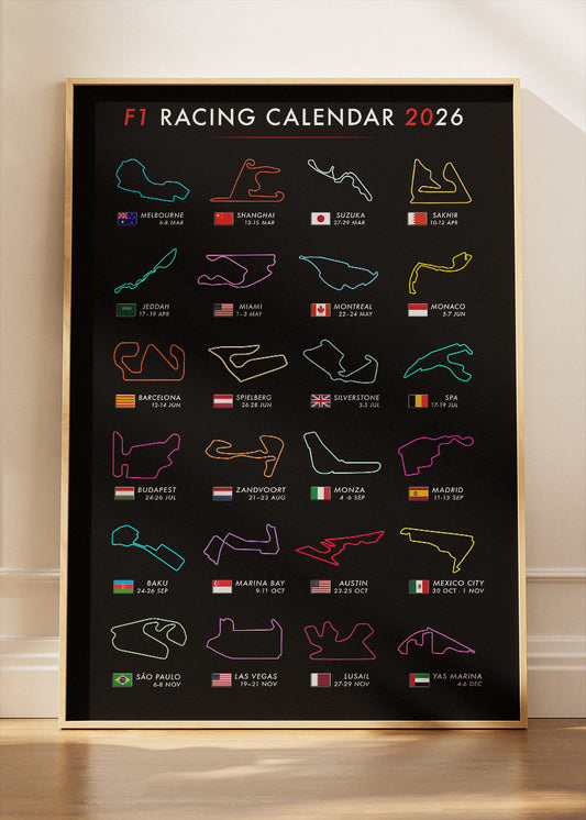 F1 Racing Calendar 2026 Circuit Track Poster Canvas & Print – AI PRINT LAB
