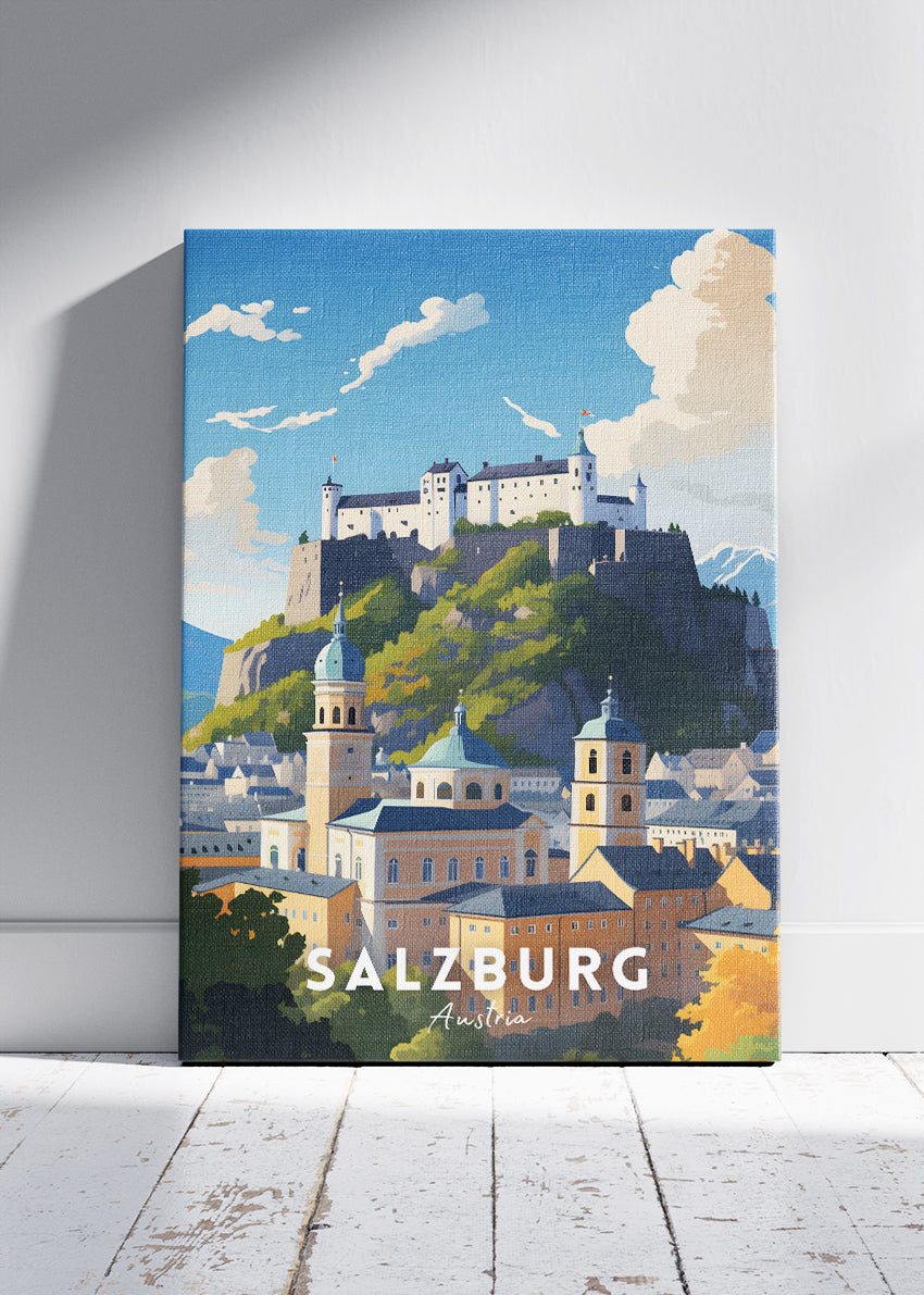Salzburg Austria Travel Poster & Canvas Wall Art – Fortress & Old Town Landscape Illustration