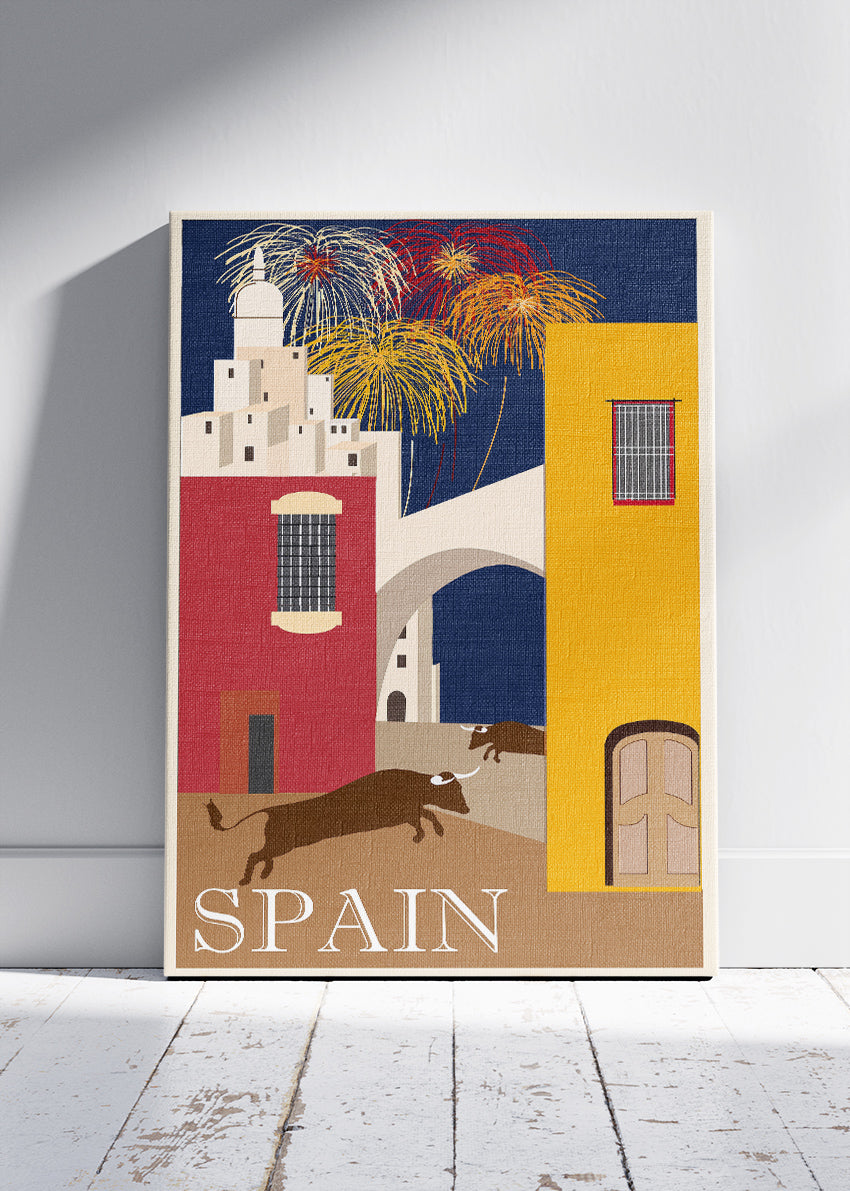 Spain Travel Poster & Canvas Print – Vintage Bull Run Illustration Art