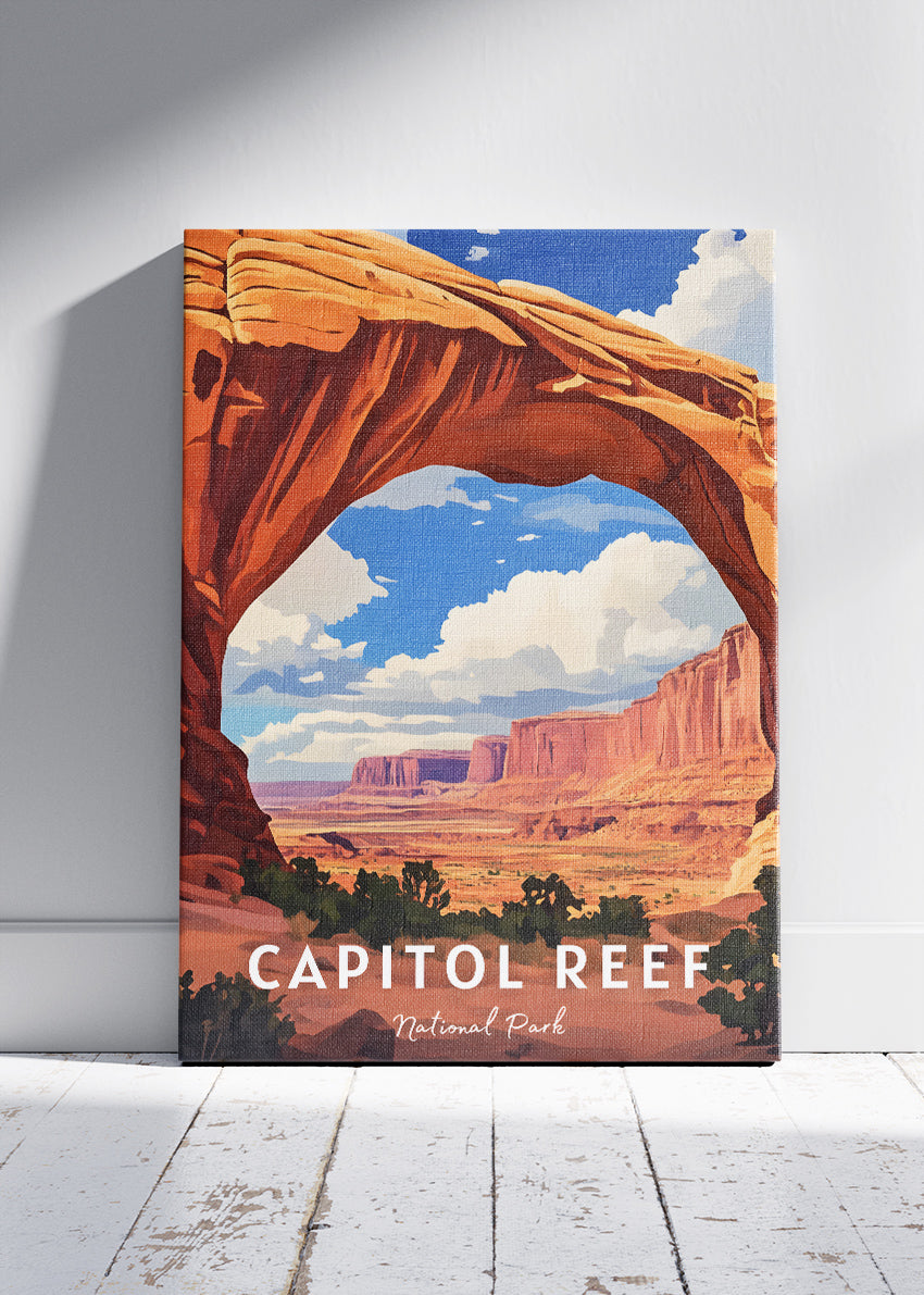 Capitol Reef National Park Poster & Canvas Print – Red Rock Arch Desert Landscape Illustration Wall Art