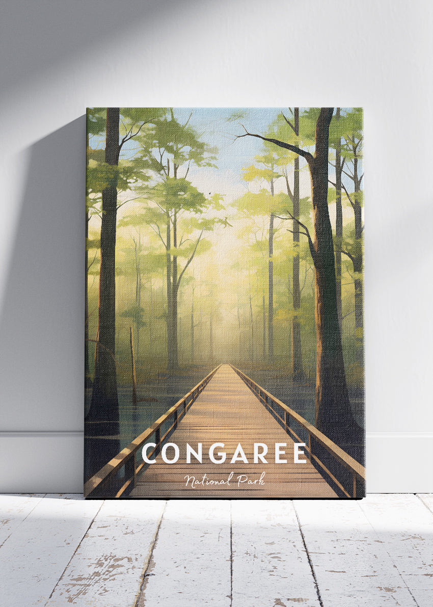 Congaree National Park Poster & Canvas Print – Illustrated Forest Boardwalk Landscape Wall Art
