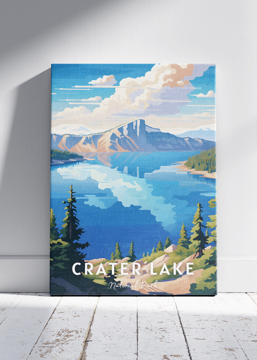 Crater Lake National Park Poster & Canvas Print – Illustrated Scenic Lake & Mountain Wall Art