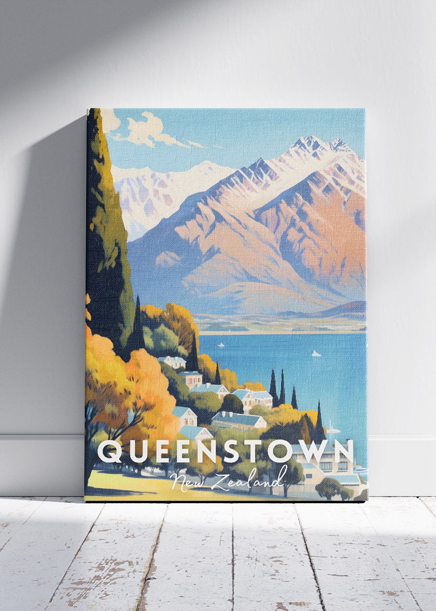 Queenstown New Zealand Poster & Canvas Print – Illustrated Alpine Lake Landscape Art
