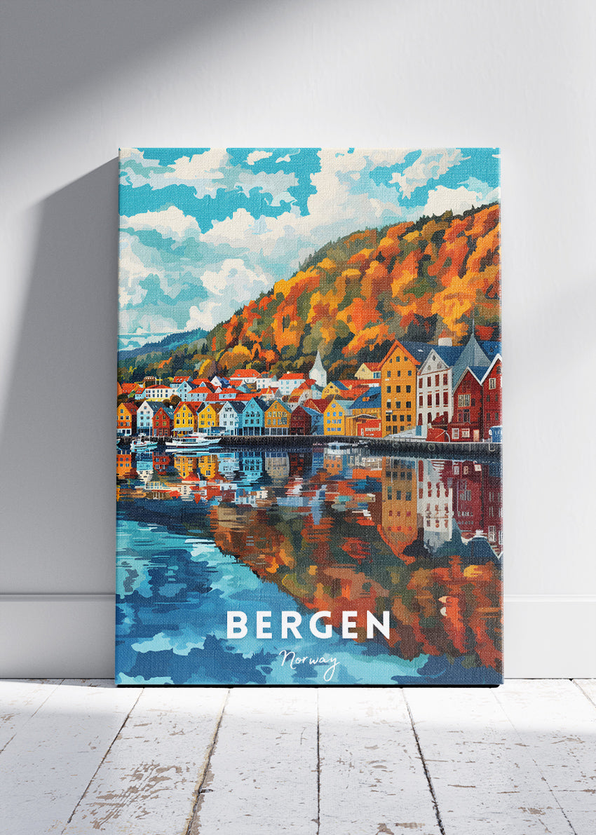 Bergen Norway Poster & Canvas Print – Colorful Waterfront Illustration