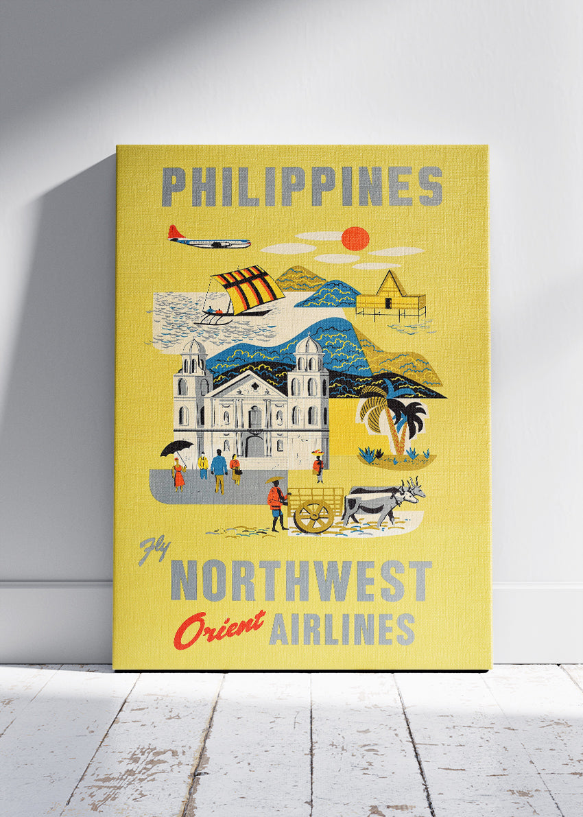 Philippines Vintage Travel Poster & Canvas Print – Northwest Orient Airlines Retro Illustration – Mid-Century Art
