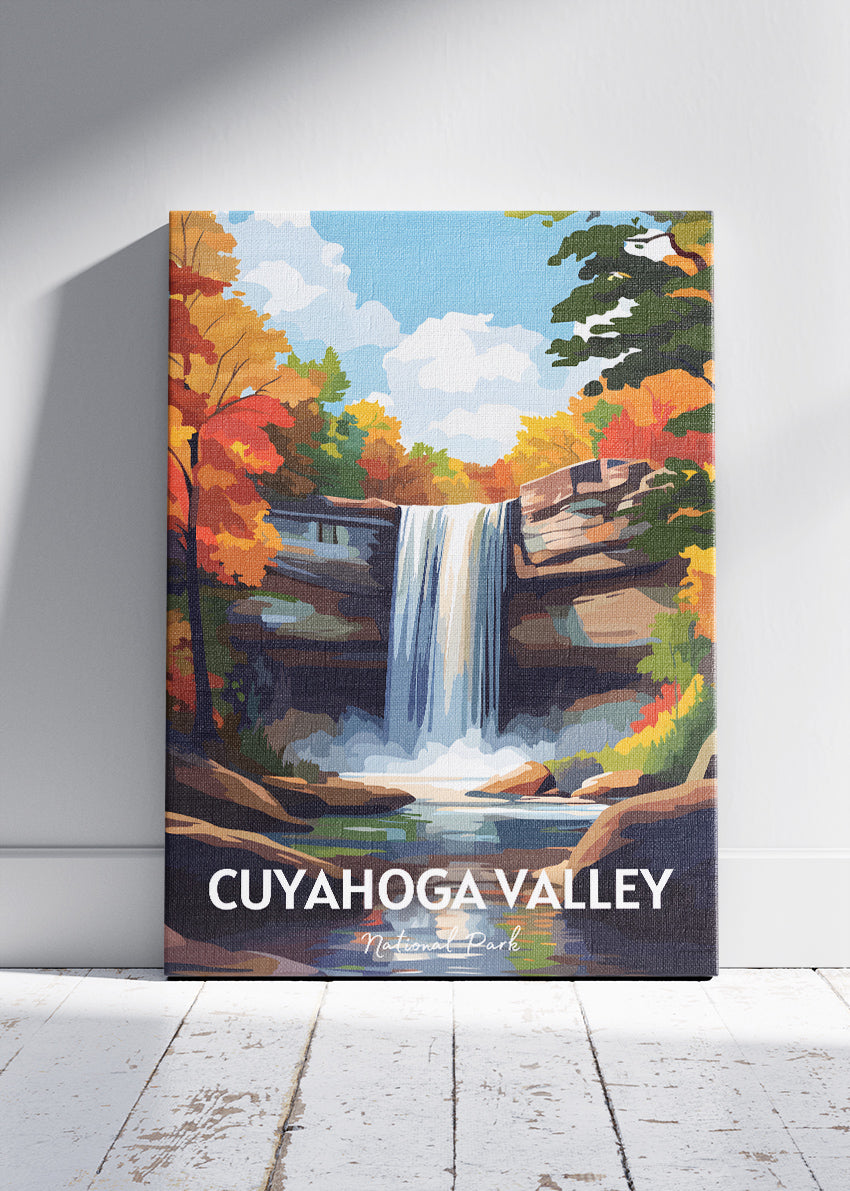 Cuyahoga Valley National Park Poster & Canvas Print – Illustrated Waterfall & Autumn Forest Wall Art