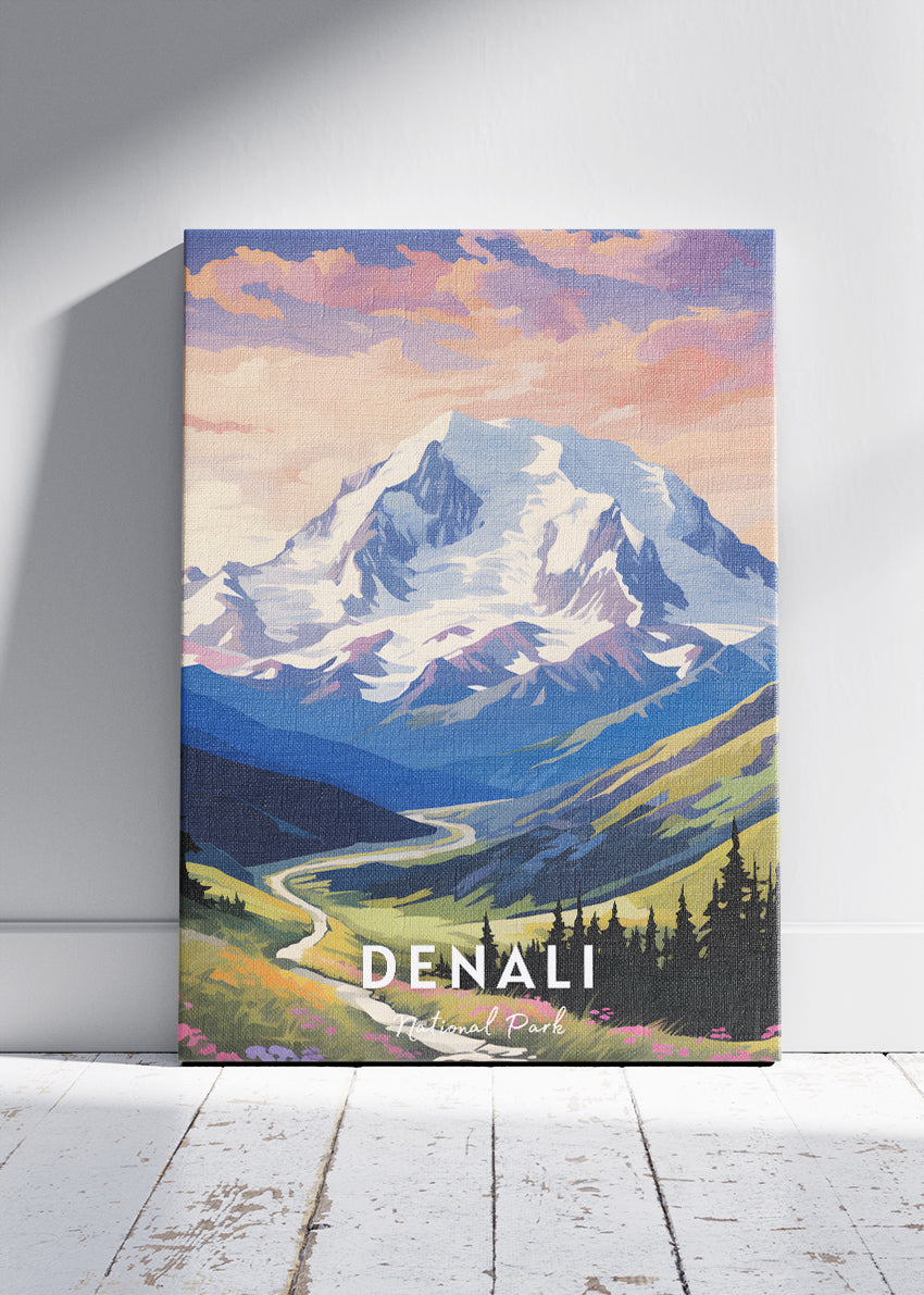 Denali National Park Poster & Canvas Print – Mountain Landscape Illustration Wall Art