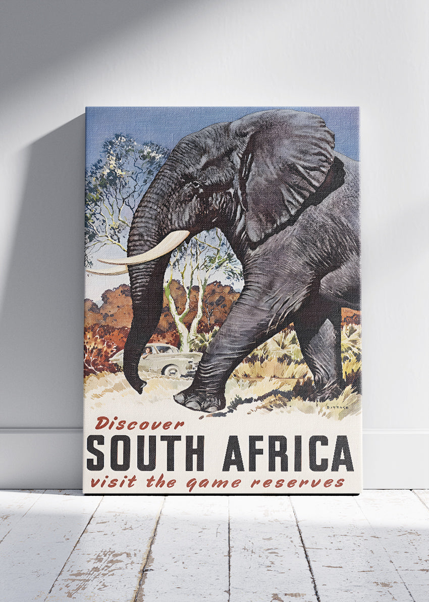 South Africa Elephant Safari Poster & Canvas Print – Vintage Wildlife Travel Art