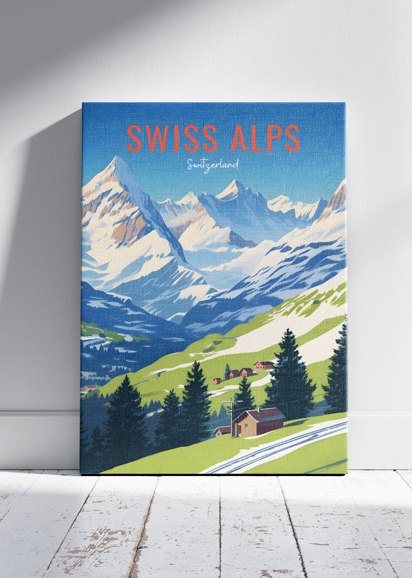 Swiss Alps Switzerland Poster & Canvas Print – Illustrated Mountain Landscape Travel Art