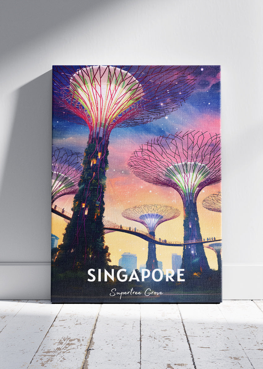 Singapore Supertree Grove Poster & Canvas Print – Futuristic Illustrated Travel Art – Marina Bay Singapore