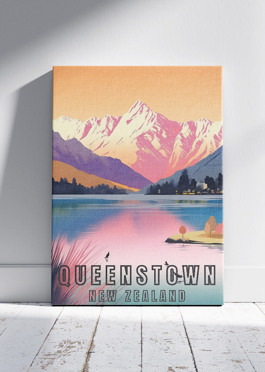 Queenstown New Zealand Poster & Canvas Print – Modern Illustrated Sunset Mountain Art