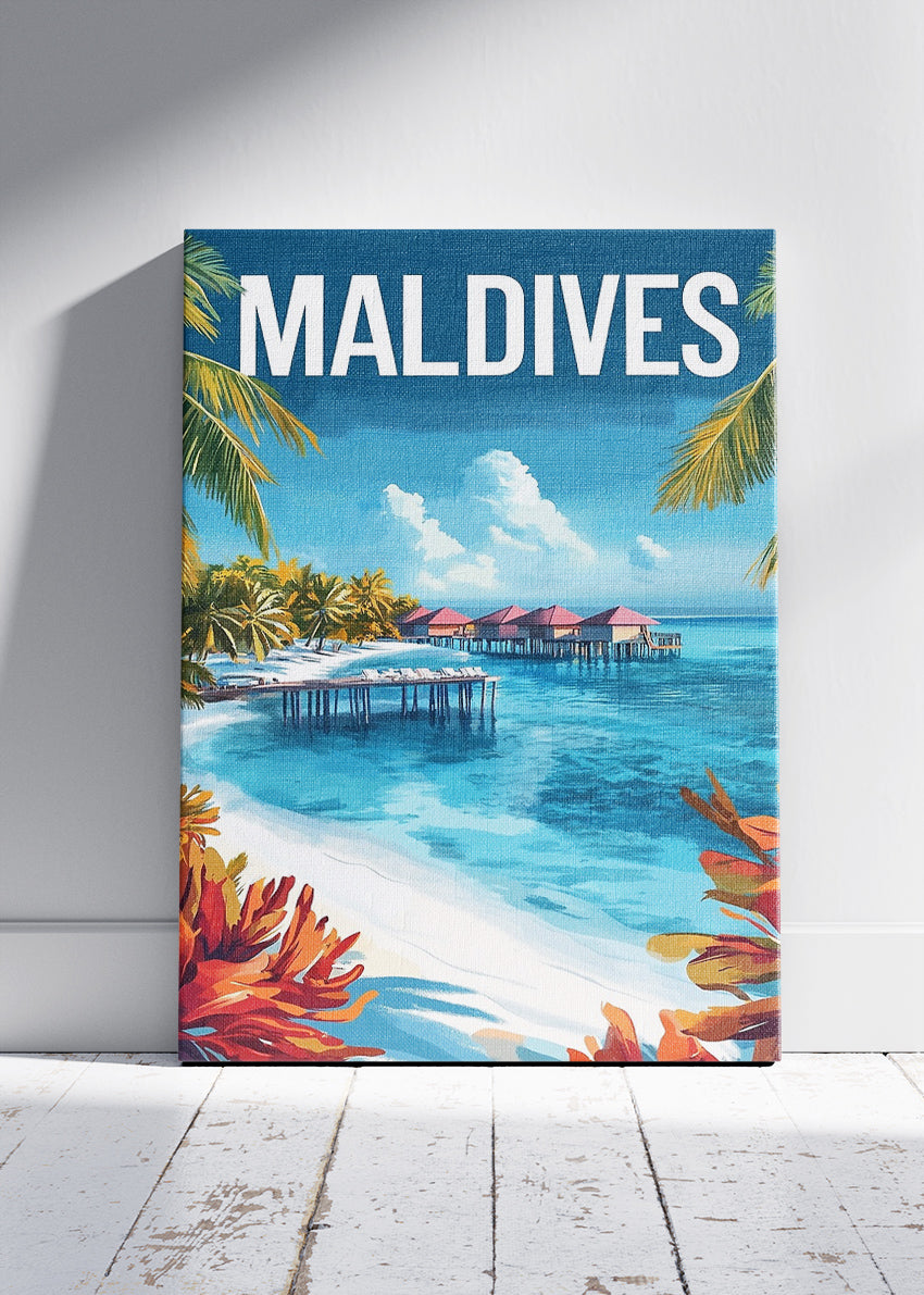 Maldives Poster & Canvas Print – Illustrated Overwater Villa Beach Art