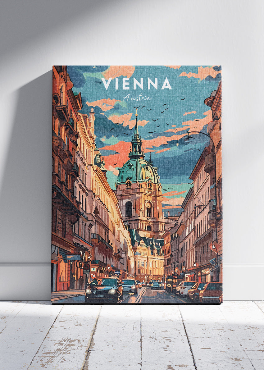 Vienna Austria Travel Poster & Canvas Wall Art – Historic City Street & Dome Illustration