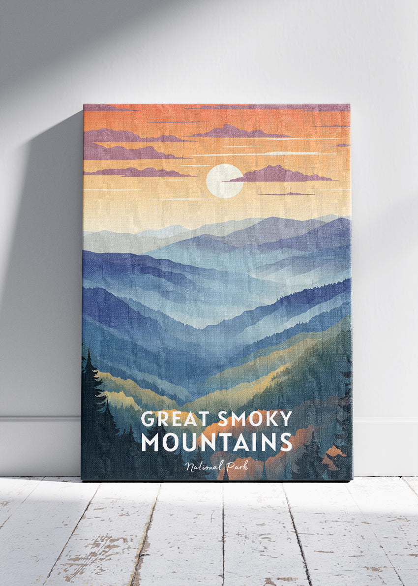 Great Smoky Mountains National Park Poster & Canvas Print – Misty Mountain Sunset Illustration Wall Art