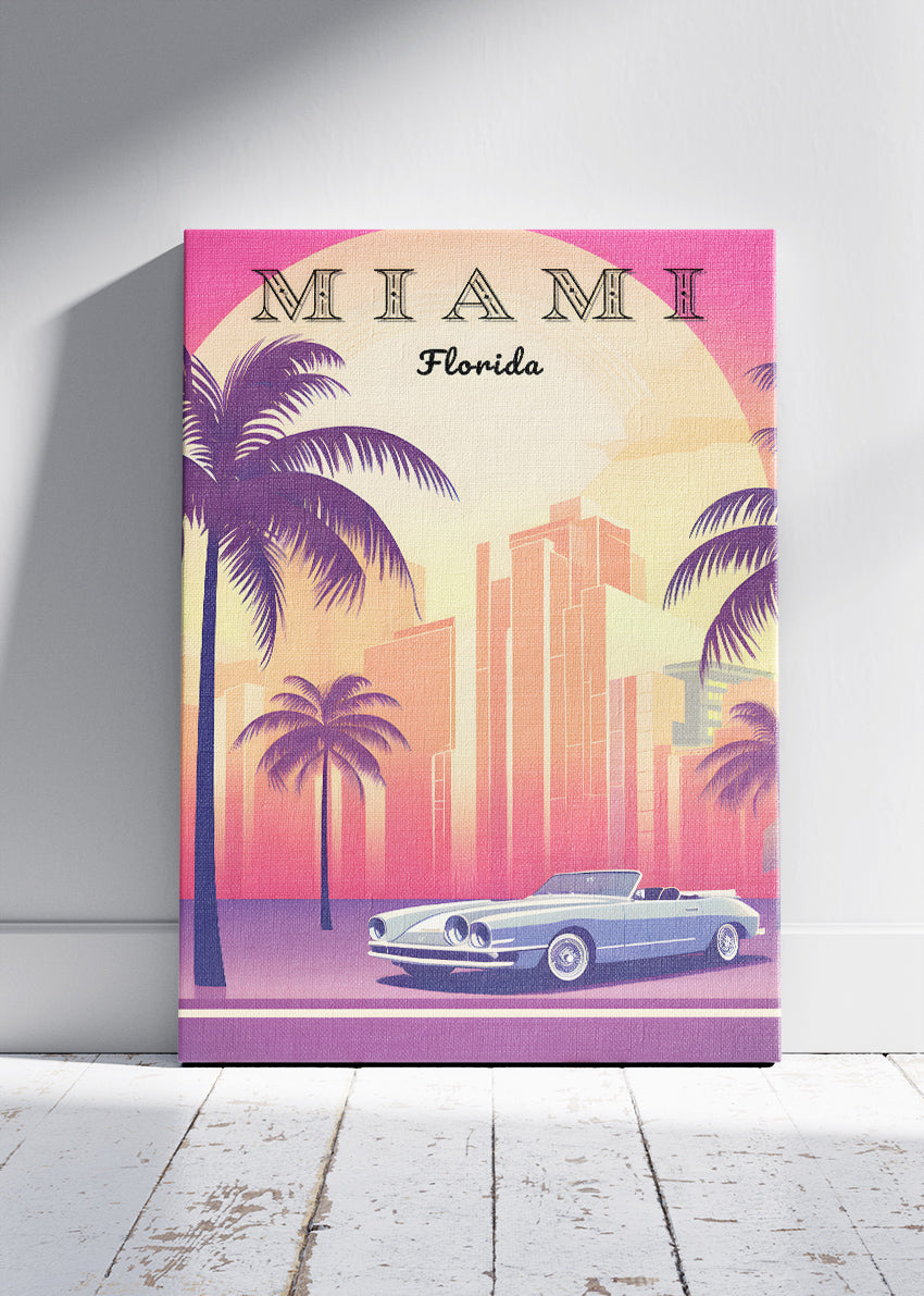 Miami Florida Poster & Canvas Print – Retro Sunset Skyline & Convertible Illustration