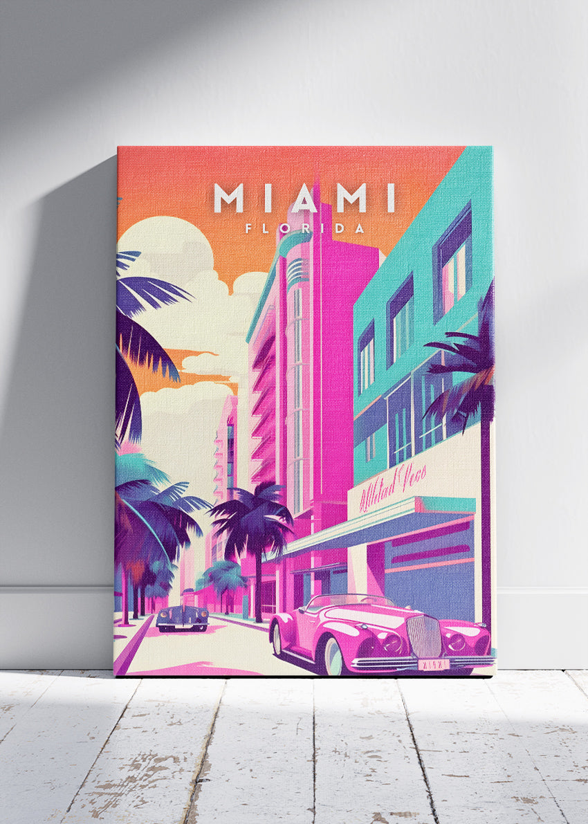 Miami Florida Poster & Canvas Print – Art Deco District & Retro Convertible Illustration