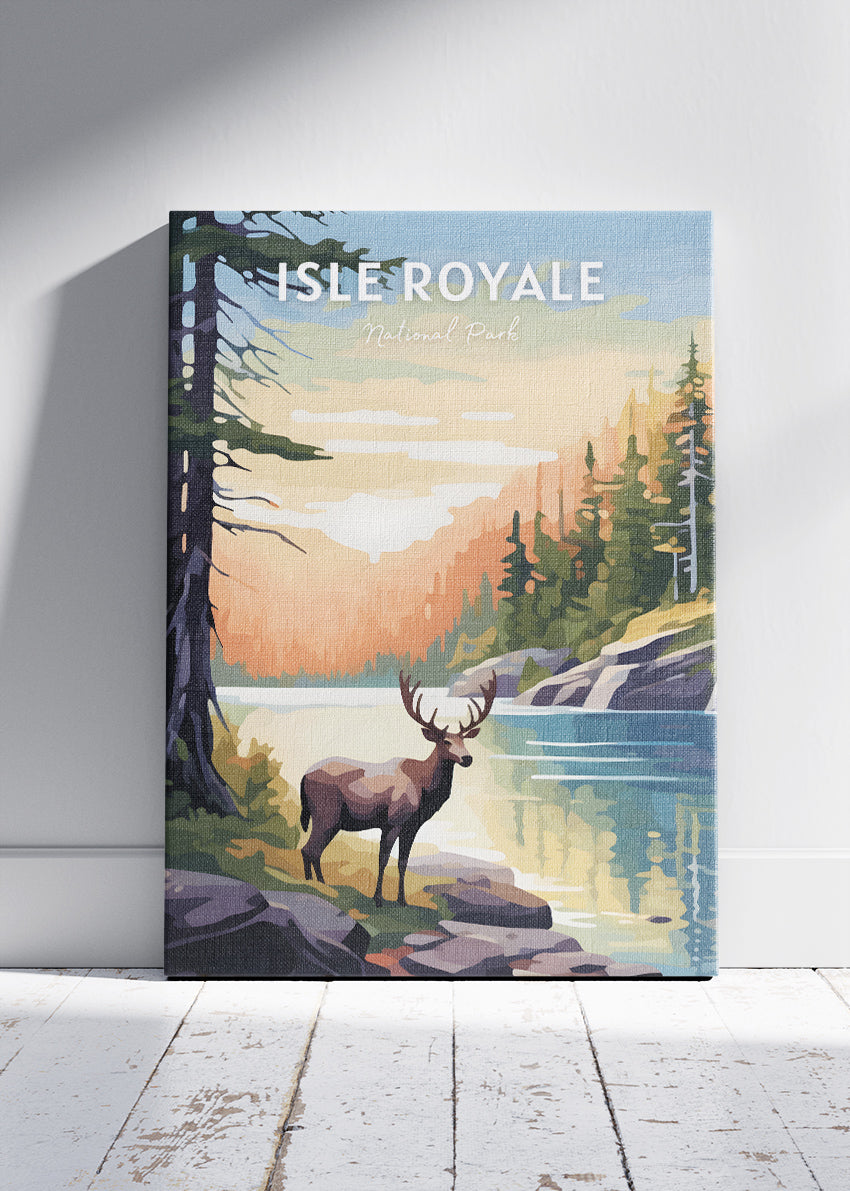 Isle Royale National Park Poster & Canvas Print – Moose by Lake Wilderness Landscape Wall Art