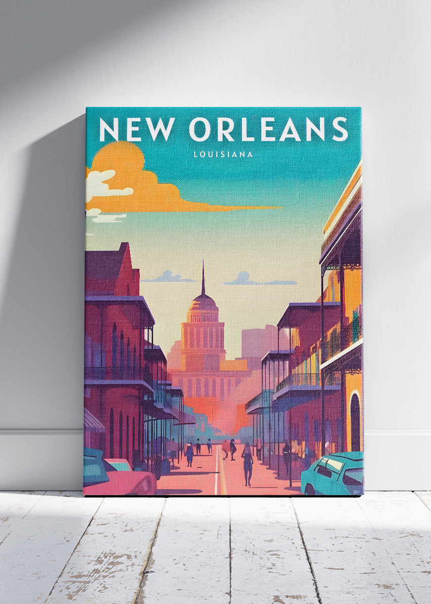 New Orleans Louisiana Poster & Canvas Print – French Quarter Street & Skyline Illustration
