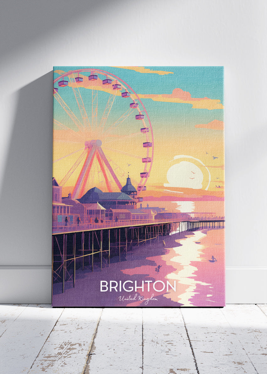 Brighton UK Poster & Canvas Print – Sunset Pier & Ferris Wheel Travel Art
