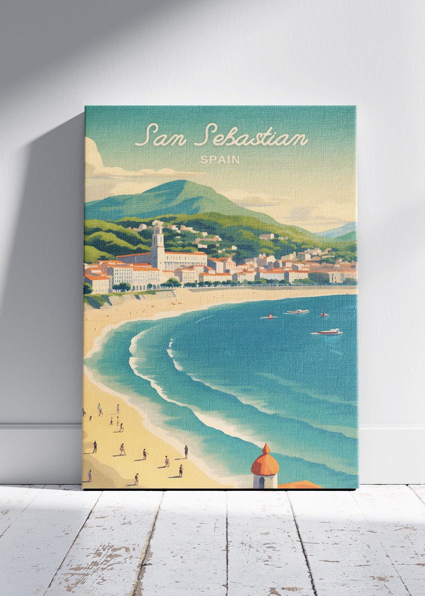 San Sebastian Spain Poster & Canvas Print – Vintage Coastal Beach Illustration Art
