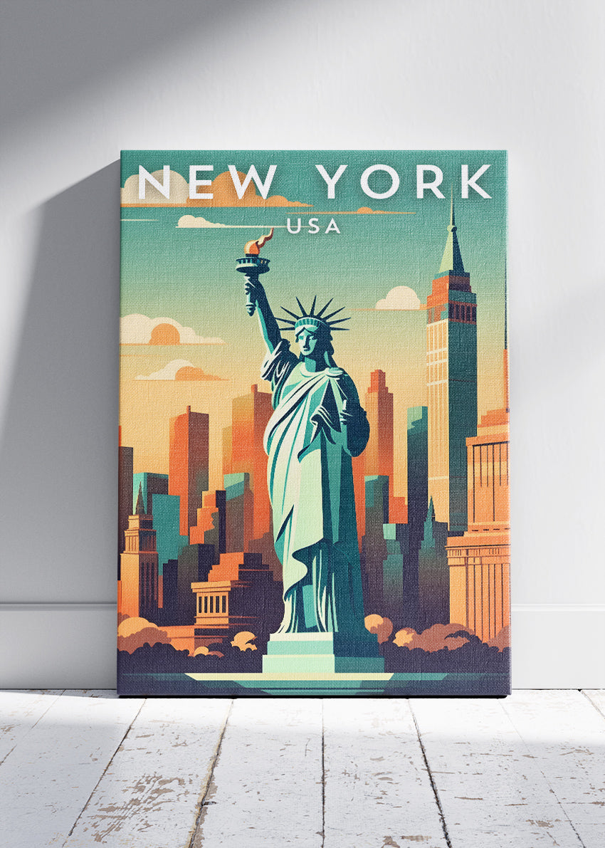 New York USA Poster & Canvas Print – Statue of Liberty & Skyline Illustration