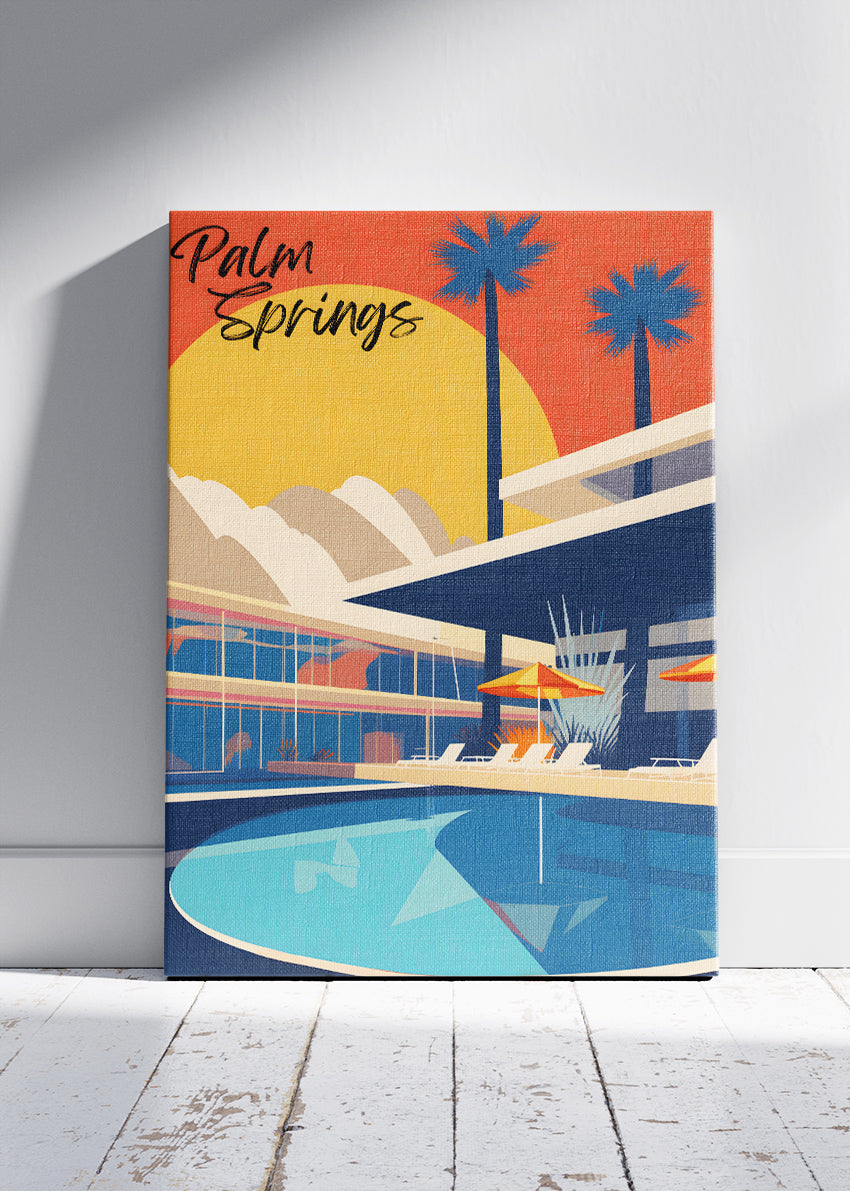Palm Springs California Poster & Canvas Print – Retro Sunset Poolside Illustration