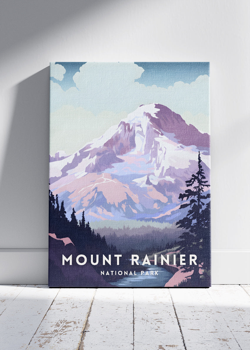 Mount Rainier National Park Poster & Canvas Print – Illustrated Mountain Landscape Wall Art